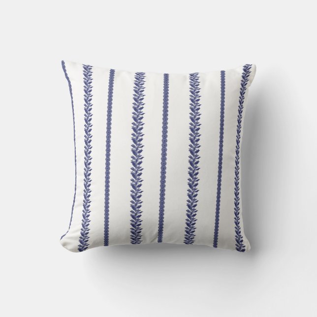 Blauw en Wit Kust Botanische Strepen Kussen (Voorkant)
