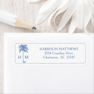 Blauw en wit kust palmetto palm monogram etiket
