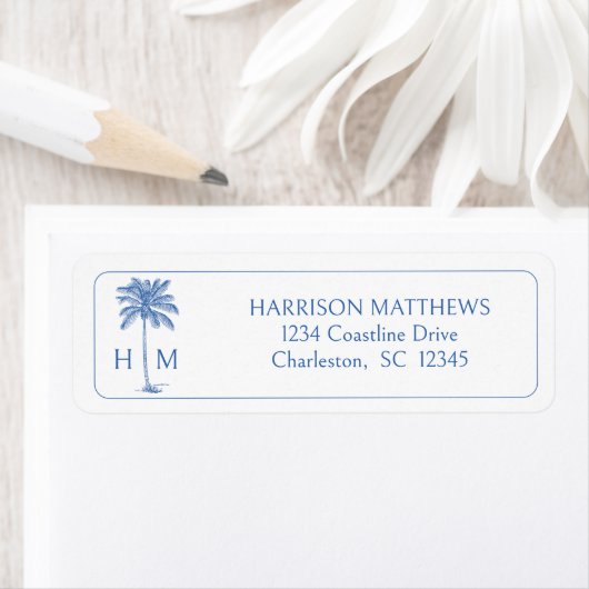 Blauw en wit kust palmetto palm monogram etiket (Insitu)