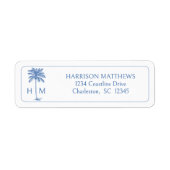 Blauw en wit kust palmetto palm monogram etiket (Voorkant)