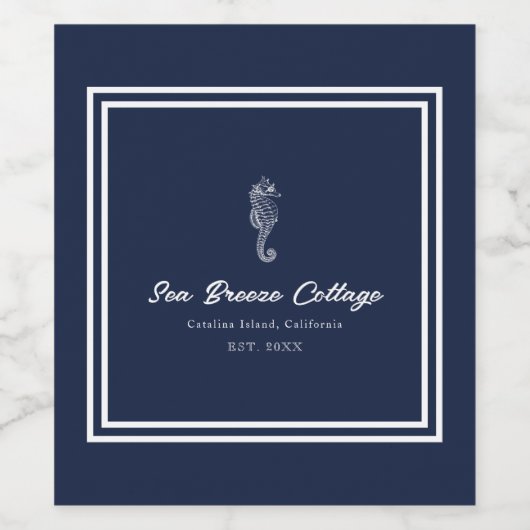 Blauw en Wit Kust Zeepaardje Custom Wijn Etiket (Enkel label)