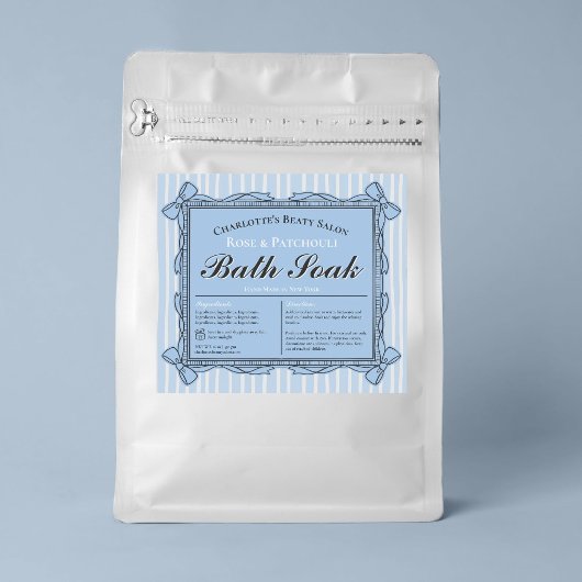 Blauw en wit lintframe schoonheidsproductlabel sparkling wijnetiket