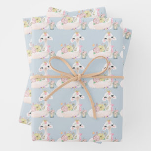 Blauw en wit Llama Baby Boy baby shower Inpakpapier Vel
