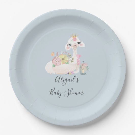 Blauw en wit Llama Baby Boy baby shower Papieren Bordje (Voorkant)