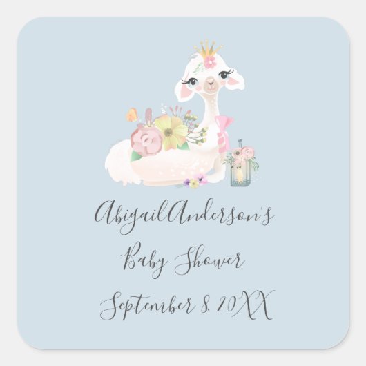 Blauw en wit Llama Baby Boy baby shower Vierkante Sticker (Voorkant)