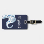 Blauw en wit Lotus Bohemian Elephant & Name Bagagelabel (Voorkant horizontaal)