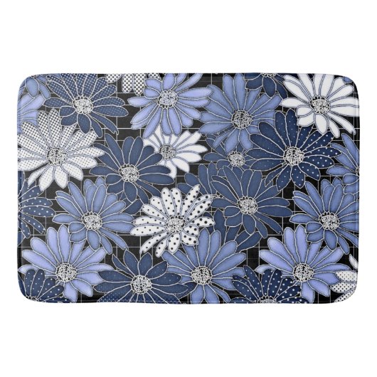 Blauw en wit madeliefjes patroon badmat (Voorkant)
