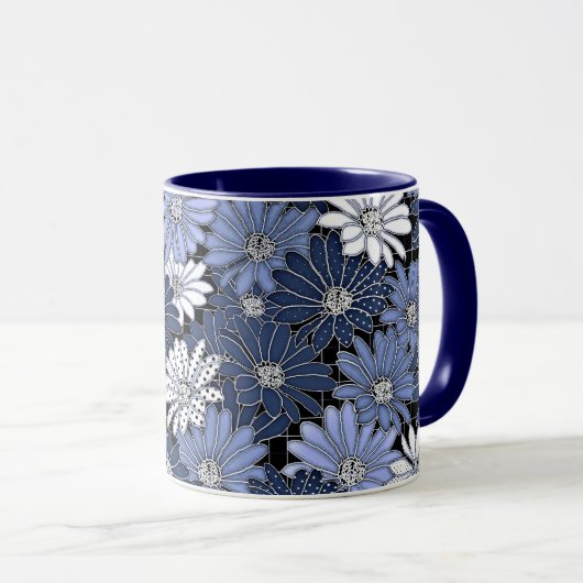 Blauw en wit madeliefjes patroon mok (Voorkant rechts)