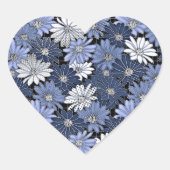 Blauw en wit madeliefjespatroon hart sticker (Voorkant)