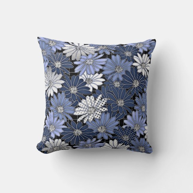 Blauw en wit madeliefjespatroon kussen (Voorkant)