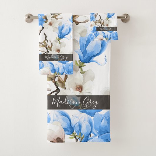 Blauw en wit Magnolia Blossom Waterverf Patroon Bad Handdoek (Insitu)