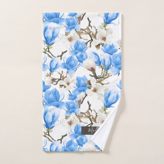 Blauw en wit Magnolia Blossom Waterverf Patroon Bad Handdoek (Handdoek)
