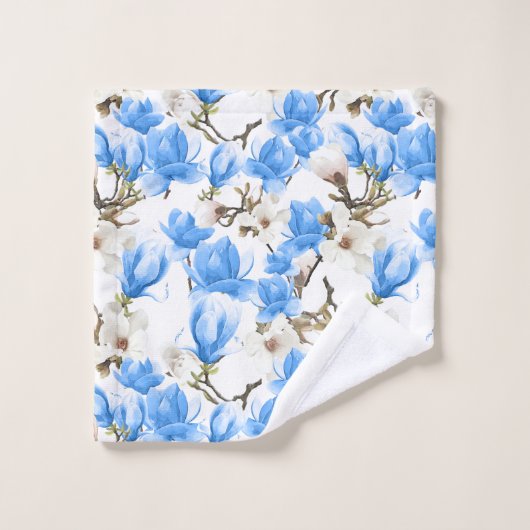 Blauw en wit Magnolia Blossom Waterverf Patroon Bad Handdoek (Wasdoekje)