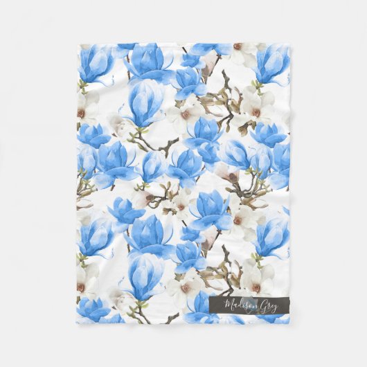 Blauw en wit Magnolia Blossom Waterverf Patroon Fleece Deken (Voorkant)