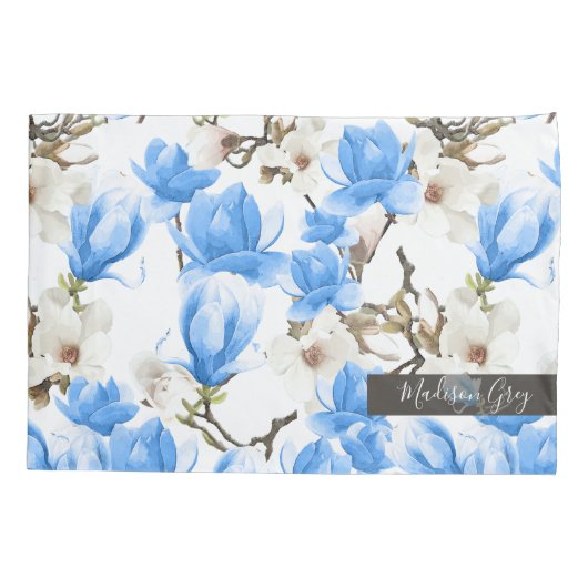 Blauw en wit Magnolia Blossom Waterverf Patroon Kussensloop (Achterkant)