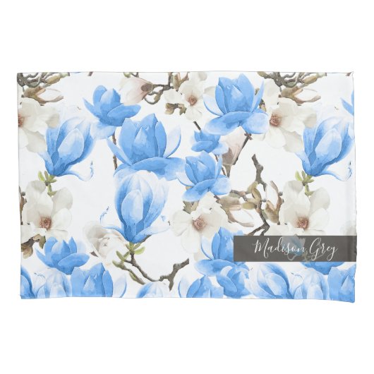Blauw en wit Magnolia Blossom Waterverf Patroon Kussensloop (Voorkant)