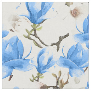 Blauw en wit Magnolia Blossom Waterverf Patroon Stof