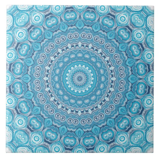 Blauw en Wit Mandala Patroonontwerp Tegeltje (Voorkant)
