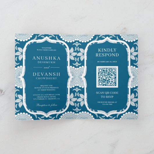 Blauw en wit Mandala QR-code Indiaas huwelijk (Binnen)