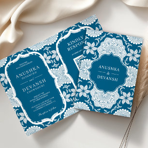 Blauw en Wit Mandala QR Code Indiase Trouwdag