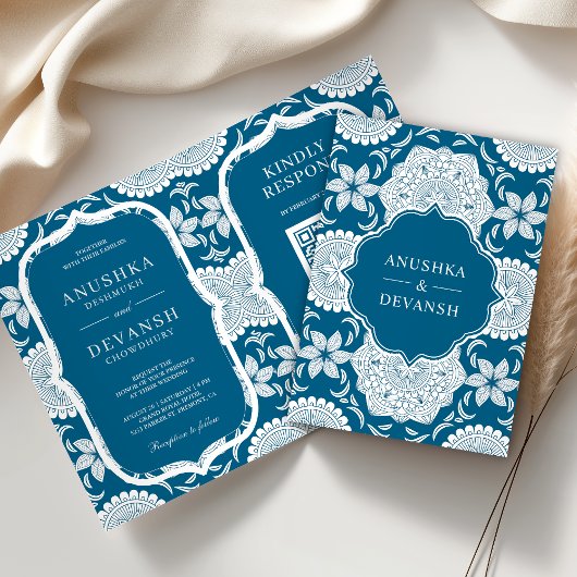 Blauw en Wit Mandala QR Code Indiase Trouwdag