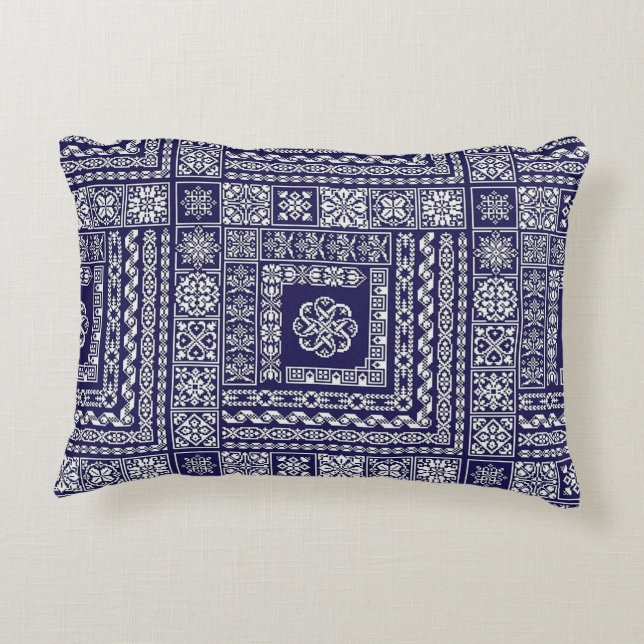  Blauw en Wit Marokkaans Patroon Accent Kussen (Achterkant)