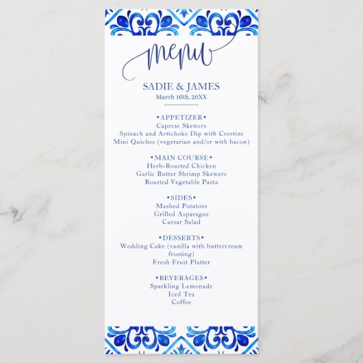Blauw en Wit Marokkaans Patroon Bruiloft Menu (Voorkant)