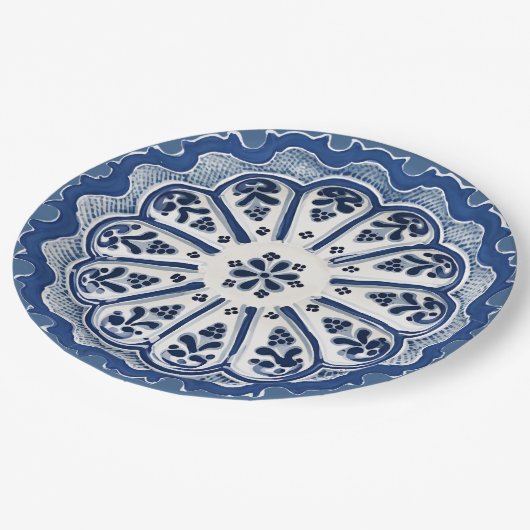 Blauw en Wit Mediterraan Bloemen Faux China Papieren Bordje (Gekanteld)