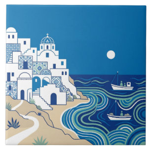 Blauw en wit mediterraan dorp en zeegezicht tegeltje