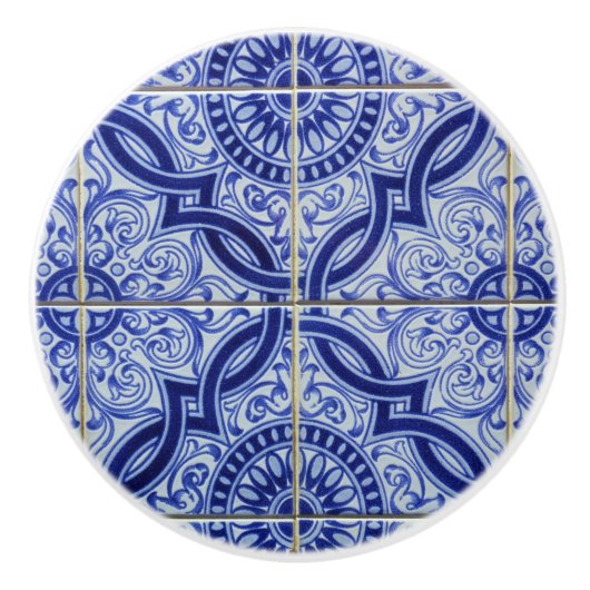 Blauw en Wit Mediterraan Tegel Patroon Elegant Keramische Knop (Voorkant)