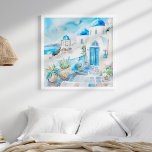 Blauw en Wit Mediterraans Santorini Travel Art Poster<br><div class="desc">Breng de charme van de Middellandse Zee in uw huis met de "Waterverf Mediterraanse Santorini Travel Art Poster." Dit prachtige vierkante kunstwerk vangt een schilderachtig straatbeeld van Santorini, weergegeven in delicate waterverf-technieken. Dit stuk wordt gedomineerd door levendige azuurblauwe en knapperige witte tinten en geeft perfect een beeld van de serene...</div>
