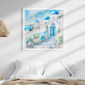 Blauw en Wit Mediterraans Santorini Travel Art Poster