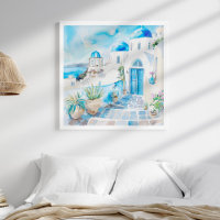 Blauw en Wit Mediterraans Santorini Travel Art