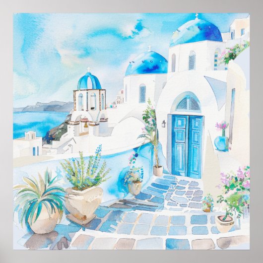 Blauw en Wit Mediterraans Santorini Travel Art Poster (Voorkant)