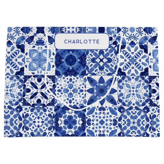 Blauw en wit mediterrane Tegel gepersonaliseerd Groot Cadeauzakje (Voorkant)
