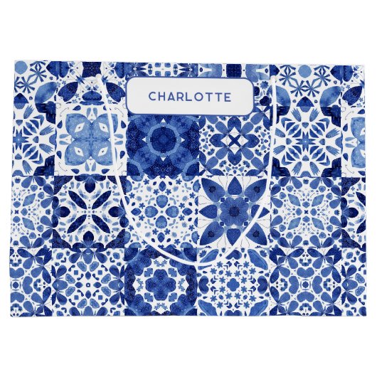 Blauw en wit mediterrane Tegel gepersonaliseerd Groot Cadeauzakje (Achterkant)