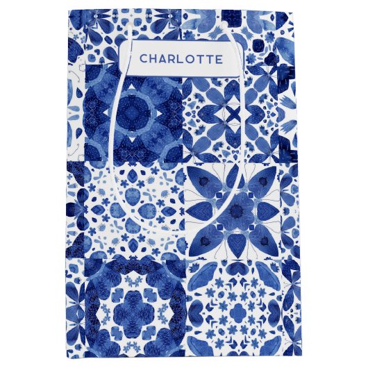 Blauw en wit mediterrane Tegel gepersonaliseerd Medium Cadeauzakje (Voorkant)