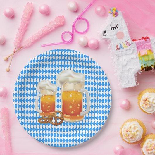 Blauw en wit met Beer Steins Oktoberfest Papieren Bordje (Feest)