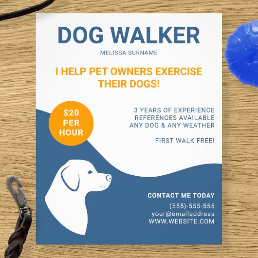 Blauw en wit met Oranje Sjabloon van de Dog Walker Flyer