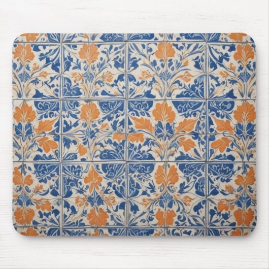 Blauw en wit met Oranje Tegels Muismat (Voorkant)