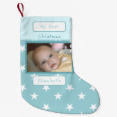 Blauw en wit met sterren foto en naam eerst kleine kerstsok (Voorkant)