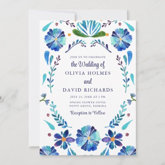 Blauw en Wit Mexicaans Bloemen Fiesta Bruiloft Kaart (Voorkant)