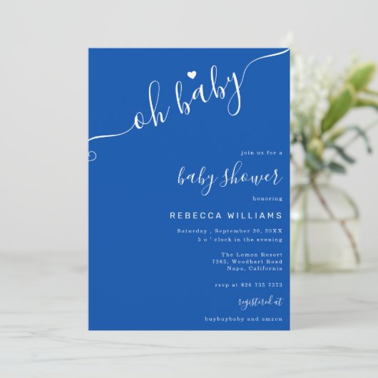 Blauw en Wit Minimalistisch Baby shower Uitnodigin Kaart (Staand voorkant)