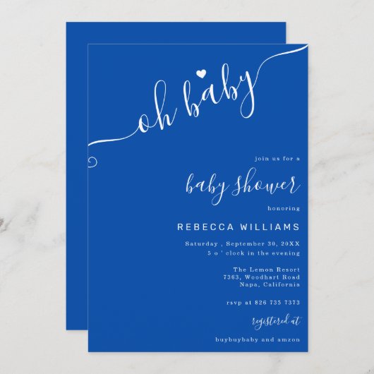 Blauw en Wit Minimalistisch Baby shower Uitnodigin Kaart (Voorkant / Achterkant)