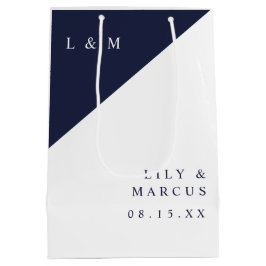 Blauw en wit minimalistisch trouwfeest met monogra medium cadeauzakje
