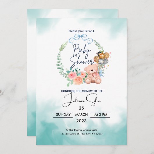 Blauw en wit modern Baby shower Kaart (Voorkant / Achterkant)