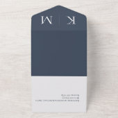 Blauw en Wit-Modern-Monogram-Bruiloft- All In One Uitnodiging (Buitenkant)