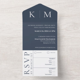 Blauw en Wit-Modern-Monogram-Bruiloft- All In One Uitnodiging