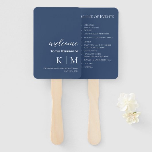 Blauw en Wit-Modern- Monogram-Huwelijksprogramma- Handwaaier (Voorkant en achterkant)