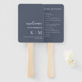 Blauw en Wit-Modern-Monogram-Huwelijksprogramma- Handwaaier